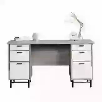 Oak and White 6 Drawer Stylish Metal Base Office Desk
